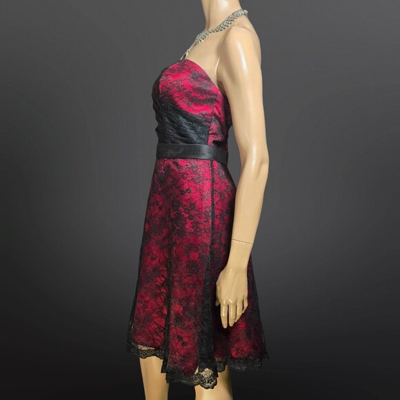 Y2K Gothic Vampy Prom Party Formal Dress Size S Red Black Lace Overlay Strapless - Picture 5 of 11